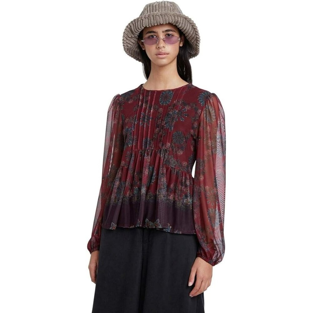 Desigual Womens Small  Long Sleeve Sheer Floral Print Blouse NEW